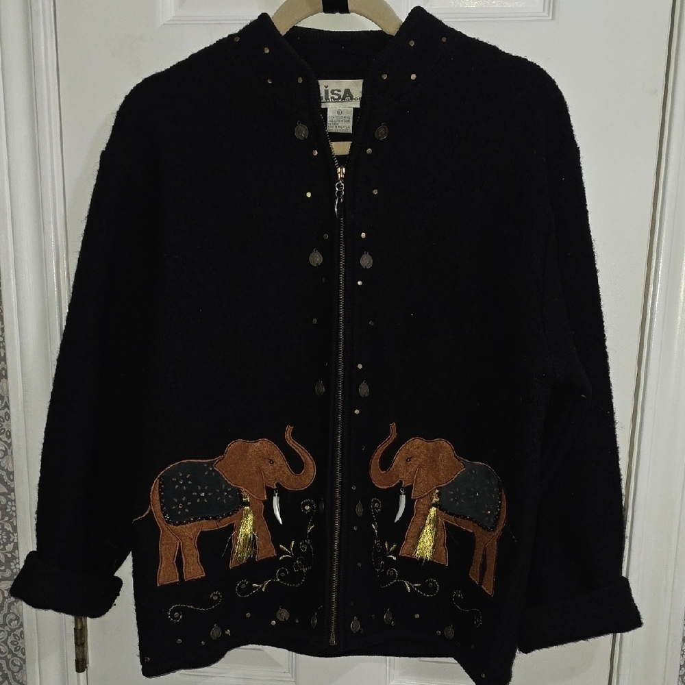 Lisa International 100% Boiled Wool Black Zip Up Elephant Africa India Jacket​​